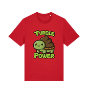 red animal t-shirt with the graphic of a cartoon turtle with a poop emoji for a shell and the slogan 'turdle power'