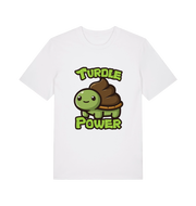 white animal t-shirt with the graphic of a cartoon turtle with a poop emoji for a shell and the slogan 'turdle power'