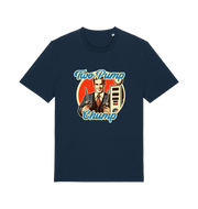navy funny offensive t-shirt with the graphic of a retro man holding a fuel pump and the slogan 'two pump chump'