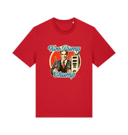 red funny offensive t-shirt with the graphic of a retro man holding a fuel pump and the slogan 'two pump chump'