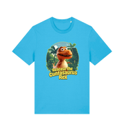 blue funny offensive t-shirt with the graphic of a dinosaur and the slogan 'release the cuntasaurus rex'