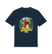 navy funny offensive t-shirt with the graphic of a dinosaur and the slogan 'release the cuntasaurus rex'