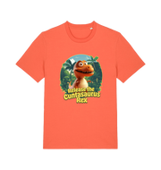 orange funny offensive t-shirt with the graphic of a dinosaur and the slogan 'release the cuntasaurus rex'