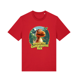 red funny offensive t-shirt with the graphic of a dinosaur and the slogan 'release the cuntasaurus rex'