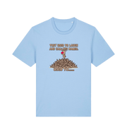 light blue christmas t-shirt with the graphic of rudolph stood on tp of a pile of reindeer and the slogan 'they used to call him names used to...'