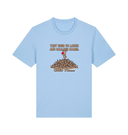 light blue christmas t-shirt with the graphic of rudolph stood on tp of a pile of reindeer and the slogan 'they used to call him names used to...'