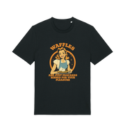 black funny offensive t-shirt with the graphic of a retro housewife and the slogan 'waffles are just pancakes ribbed for your pleasure'