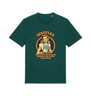 green funny offensive t-shirt with the graphic of a retro housewife and the slogan 'waffles are just pancakes ribbed for your pleasure'