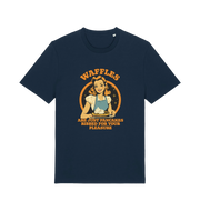 navy funny offensive t-shirt with the graphic of a retro housewife and the slogan 'waffles are just pancakes ribbed for your pleasure'