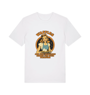white funny offensive t-shirt with the graphic of a retro housewife and the slogan 'waffles are just pancakes ribbed for your pleasure'