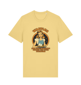 yellow funny offensive t-shirt with the graphic of a retro housewife and the slogan 'waffles are just pancakes ribbed for your pleasure'