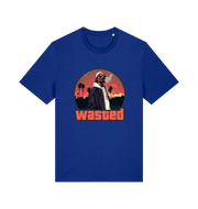 blue gaming t-shirt with the graphic of a man smoking in a grand theft auto style and the slogan 'wasted'