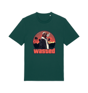 green gaming t-shirt with the graphic of a man smoking in a grand theft auto style and the slogan 'wasted'