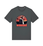 grey gaming t-shirt with the graphic of a man smoking in a grand theft auto style and the slogan 'wasted'