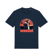 navy gaming t-shirt with the graphic of a man smoking in a grand theft auto style and the slogan 'wasted'