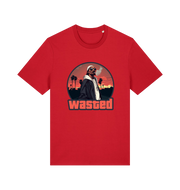 red gaming t-shirt with the graphic of a man smoking in a grand theft auto style and the slogan 'wasted'