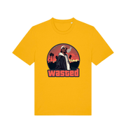 yellow gaming t-shirt with the graphic of a man smoking in a grand theft auto style and the slogan 'wasted'