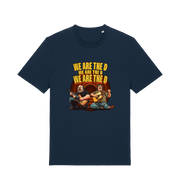navy music t-shirt with the graphic of two men playing guitars and the slogan 'we are the d'