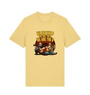 yellow music t-shirt with the graphic of two men playing guitars and the slogan 'we are the d'