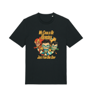 black music t-shirt with the graphic of three superheroes and the slogan 'we could be heroes'
