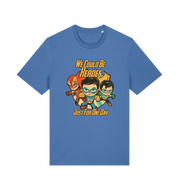 blue music t-shirt with the graphic of three superheroes and the slogan 'we could be heroes'