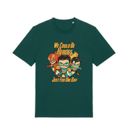 green music t-shirt with the graphic of three superheroes and the slogan 'we could be heroes'