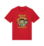 red music t-shirt with the graphic of three superheroes and the slogan 'we could be heroes'