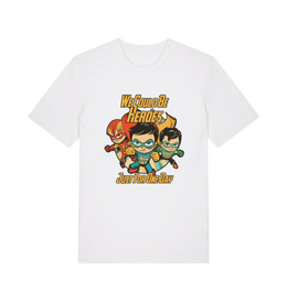 white music t-shirt with the graphic of three superheroes and the slogan 'we could be heroes'