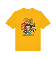 yellow music t-shirt with the graphic of three superheroes and the slogan 'we could be heroes'