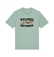 mint green funny offensive t-shirt with the slogan 'welcome to the shitshow'
