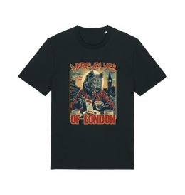 black music t-shirt with the graphic of a werewolf reading a book and the slogan 'werewolves of london'