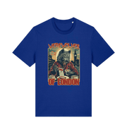 blue music t-shirt with the graphic of a werewolf reading a book and the slogan 'werewolves of london'