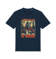 navy music t-shirt with the graphic of a werewolf reading a book and the slogan 'werewolves of london'