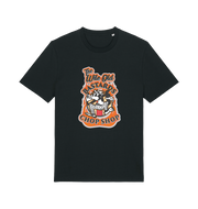 black graphic t-shirt with a retro cartoon cat and the slogan 'the wile ole bastards chop shop'
