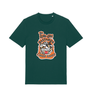 green graphic t-shirt with a retro cartoon cat and the slogan 'the wile ole bastards chop shop'