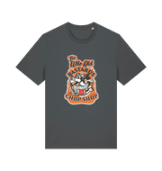 grey graphic t-shirt with a retro cartoon cat and the slogan 'the wile ole bastards chop shop'