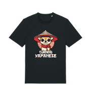 black funny animal t-shirt with the graphic of a dog in a japanese hat and the slogan 'turning yapanese'