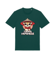 green funny animal t-shirt with the graphic of a dog in a japanese hat and the slogan 'turning yapanese'