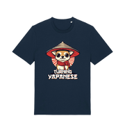 navy funny animal t-shirt with the graphic of a dog in a japanese hat and the slogan 'turning yapanese'