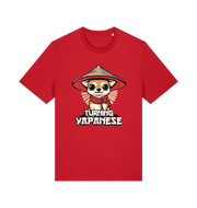 red funny animal t-shirt with the graphic of a dog in a japanese hat and the slogan 'turning yapanese'