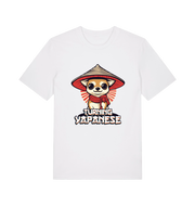 white funny animal t-shirt with the graphic of a dog in a japanese hat and the slogan 'turning yapanese'