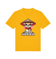 yellow funny animal t-shirt with the graphic of a dog in a japanese hat and the slogan 'turning yapanese'