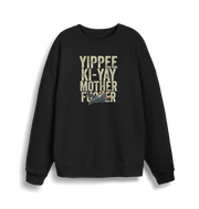 black christmas jumper with the graphic of a man falling and the slogan 'yippee ki-yay mother fucker'