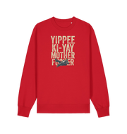red christmas jumper with the graphic of a man falling and the slogan 'yippee ki-yay mother fucker'