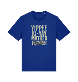 blue christmas t-shirt with the graphic of a man falling and the slogan 'yippee ki-yay mother fucker'