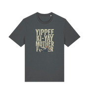 grey christmas t-shirt with the graphic of a man falling and the slogan 'yippee ki-yay mother fucker'