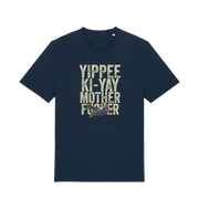 navy christmas t-shirt with the graphic of a man falling and the slogan 'yippee ki-yay mother fucker'