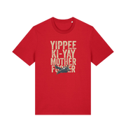 red christmas t-shirt with the graphic of a man falling and the slogan 'yippee ki-yay mother fucker'
