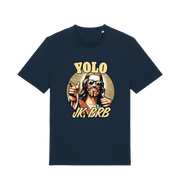navy funny jesus t-shirt with the graphic of jesus pointing a finger and the slogan 'yolo jk, brb'
