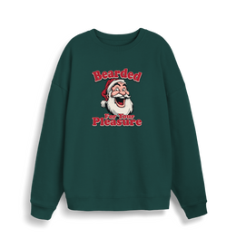 green christmas sweater with the graphic of santa and the slogan 'bearded for your pleasure'